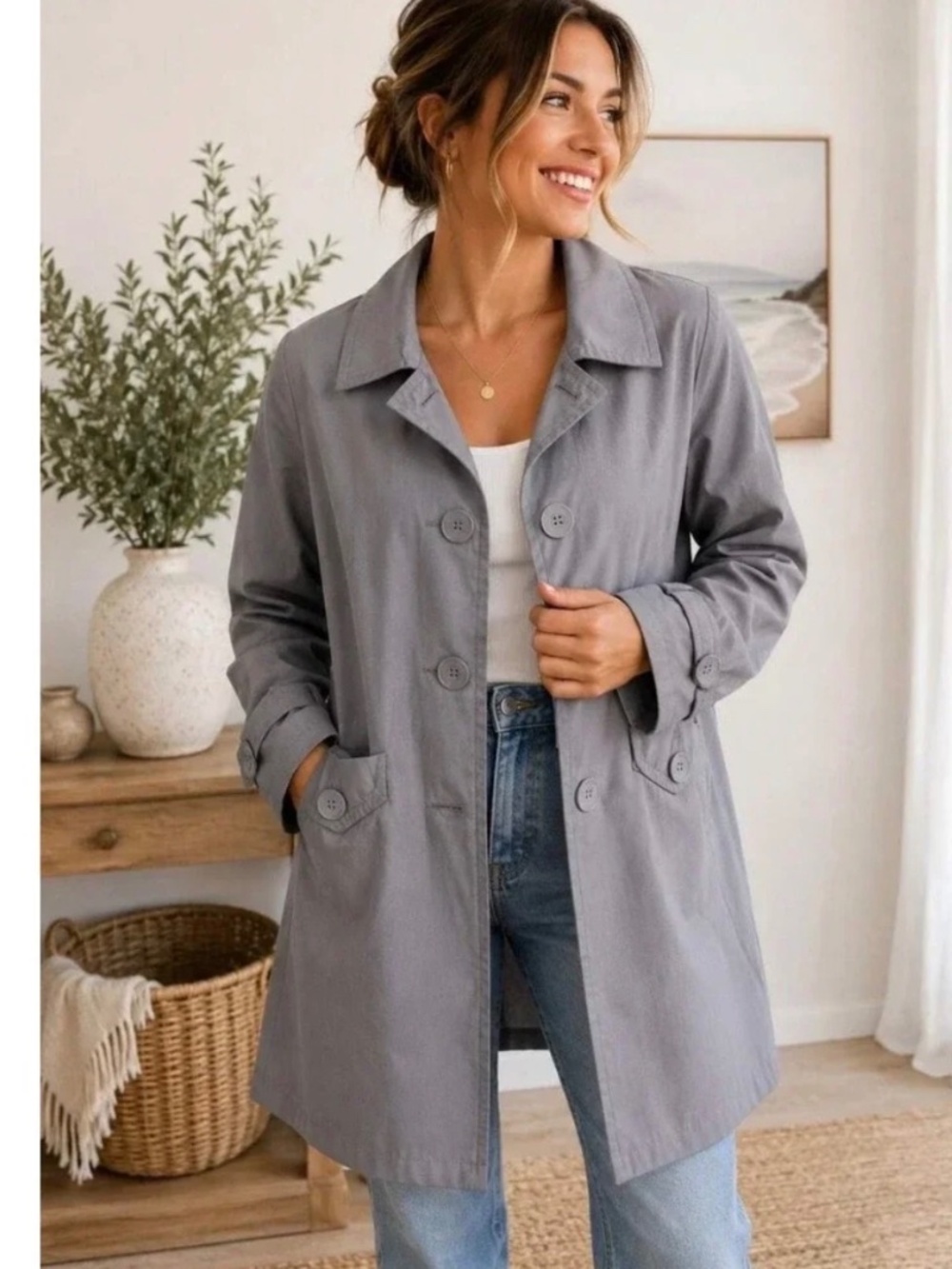 H&M Gray Trench Coat Size 12 Lightweight Button Front